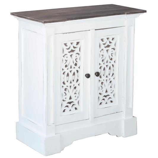 Cottage Solid Wood Accent Cabinet In Distressed White And Driftwood