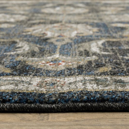10' X 13' Charcoal Blue Gold Rust And Beige Oriental Power Loom Stain