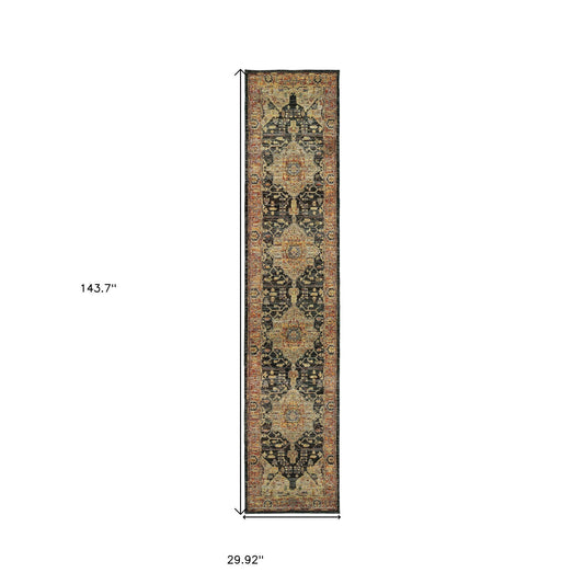 12' Gold And Gray Oriental Runner Rug