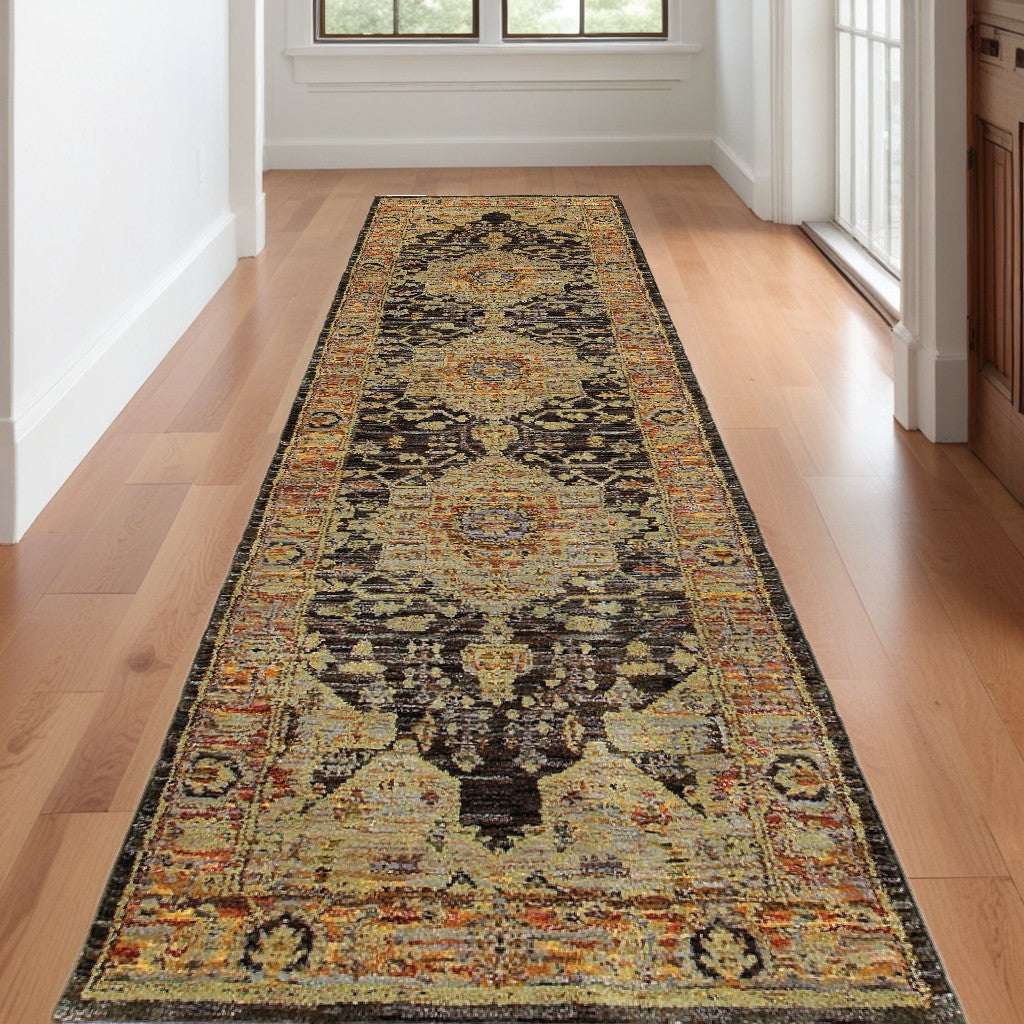 12' Gold And Gray Oriental Runner Rug