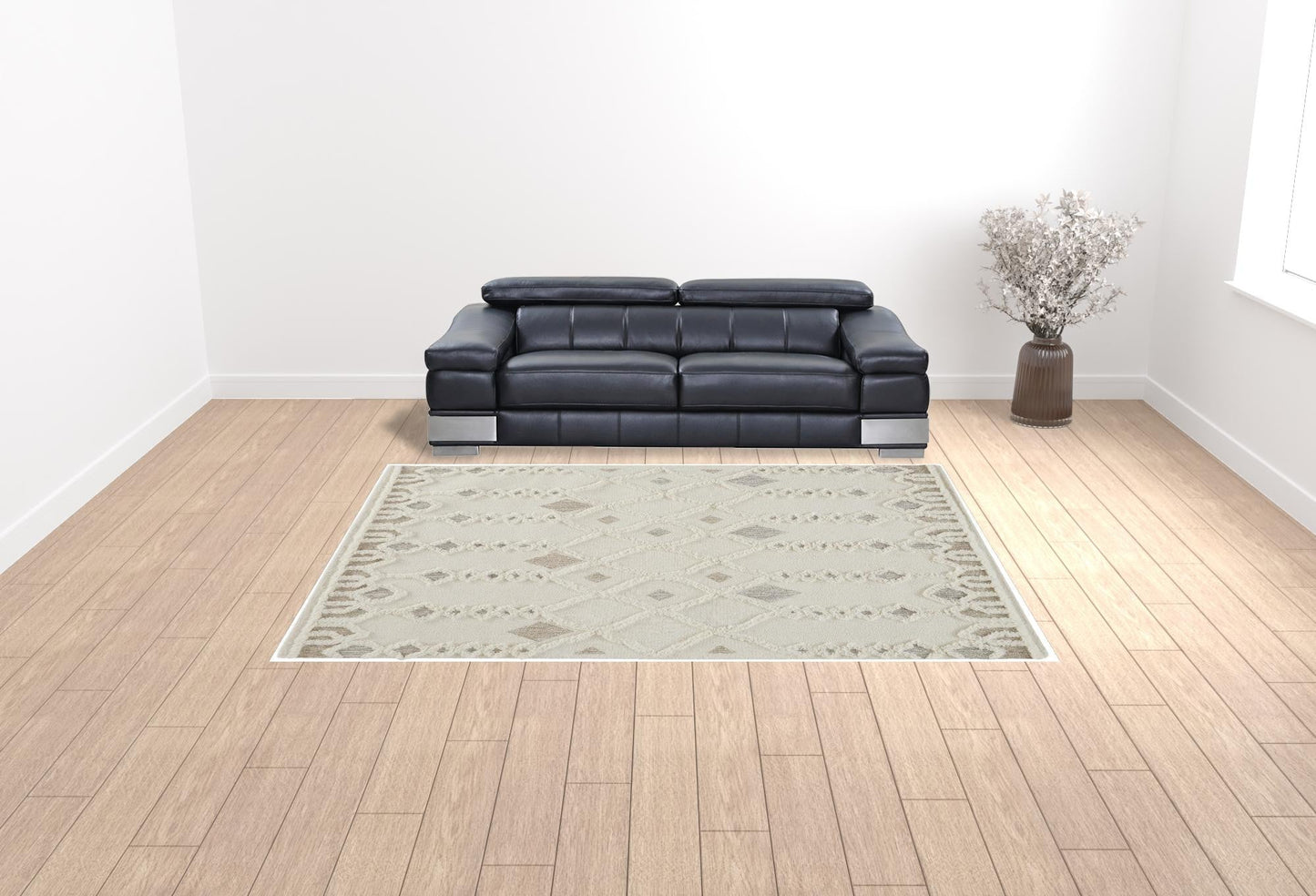 5' X 8' Ivory Tan And Silver Wool Geometric Tufted Handmade Stain