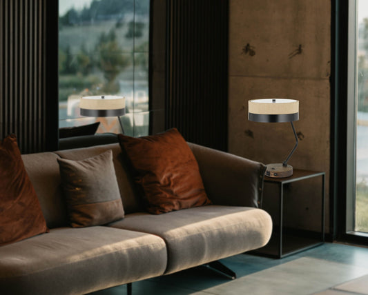 20" Black And Brown Wood And Metal Two Light USB Table Lamp With Beige