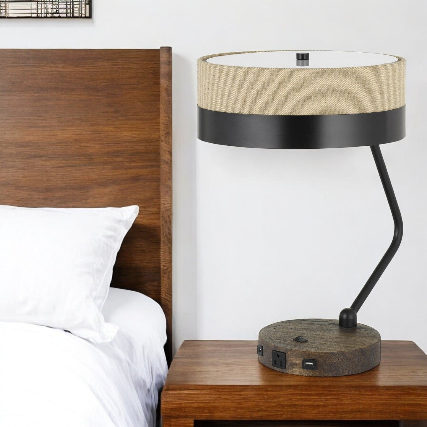 20" Black And Brown Wood And Metal Two Light USB Table Lamp With Beige
