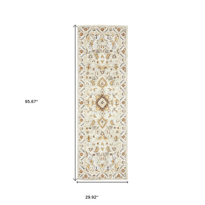 2' X 8' Ivory Beige Gold And Muted Grey Oriental Tufted Handmade Stain