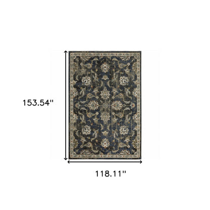 10' X 13' Charcoal Blue Gold Rust And Beige Oriental Power Loom Stain