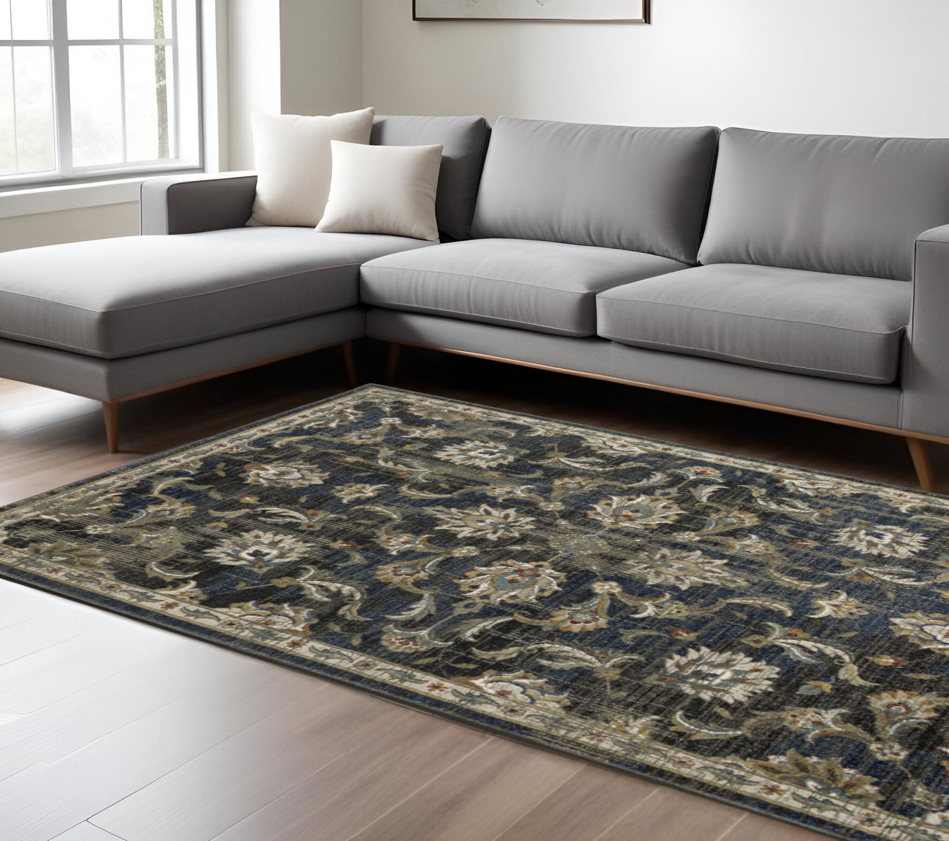10' X 13' Charcoal Blue Gold Rust And Beige Oriental Power Loom Stain