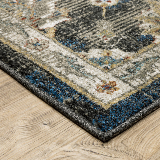 10' X 13' Charcoal Blue Gold Rust And Beige Oriental Power Loom Stain