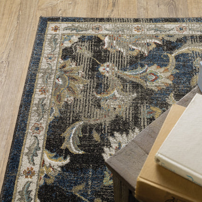 10' X 13' Charcoal Blue Gold Rust And Beige Oriental Power Loom Stain