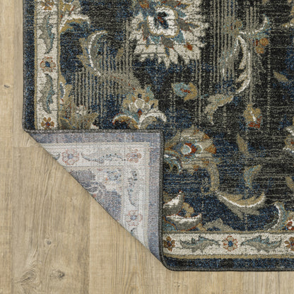 10' X 13' Charcoal Blue Gold Rust And Beige Oriental Power Loom Stain