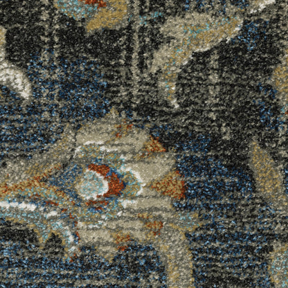 10' X 13' Charcoal Blue Gold Rust And Beige Oriental Power Loom Stain