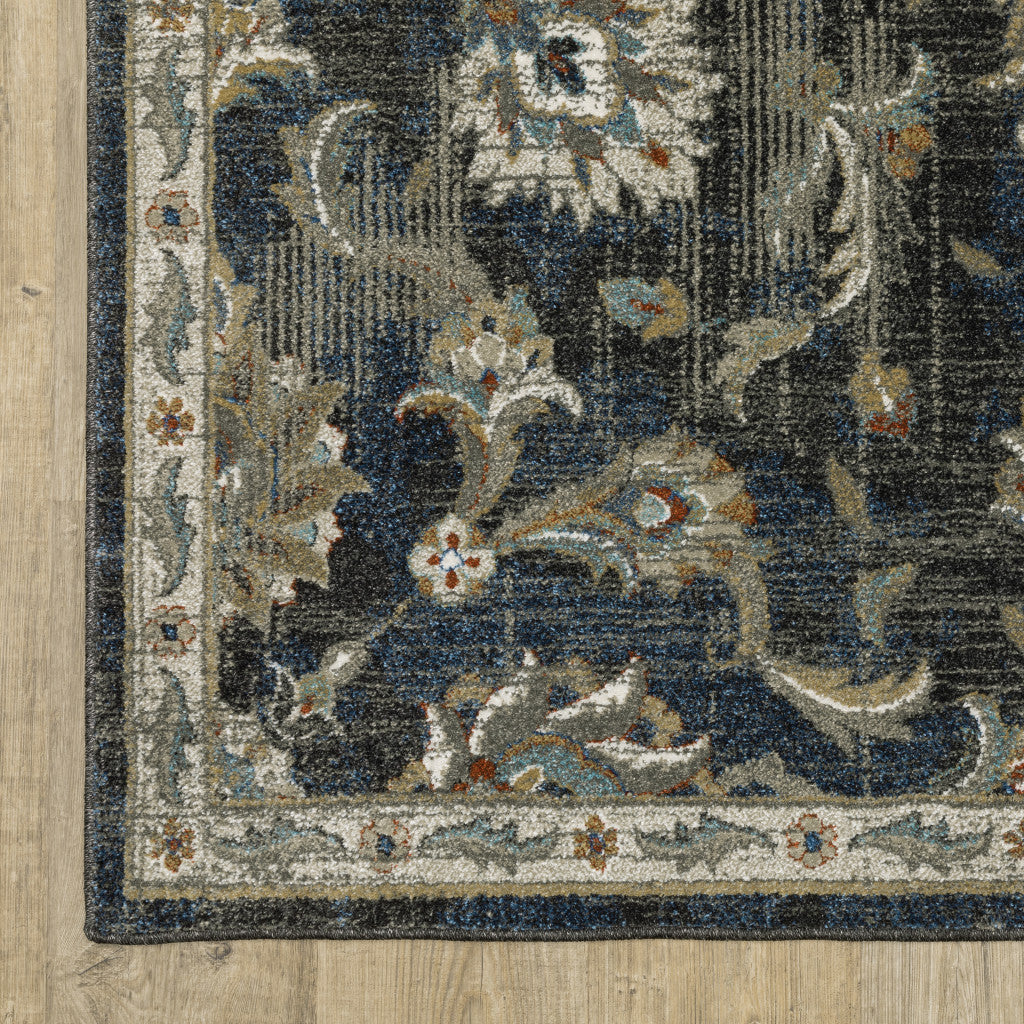 10' X 13' Charcoal Blue Gold Rust And Beige Oriental Power Loom Stain