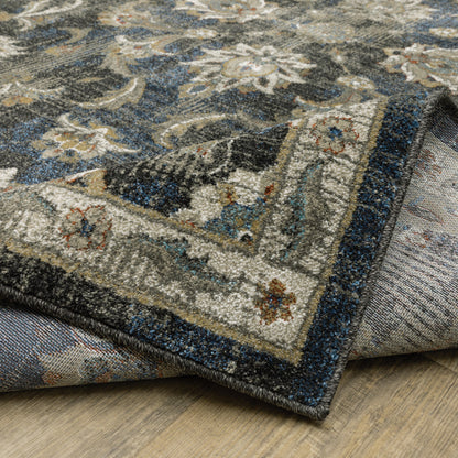 10' X 13' Charcoal Blue Gold Rust And Beige Oriental Power Loom Stain