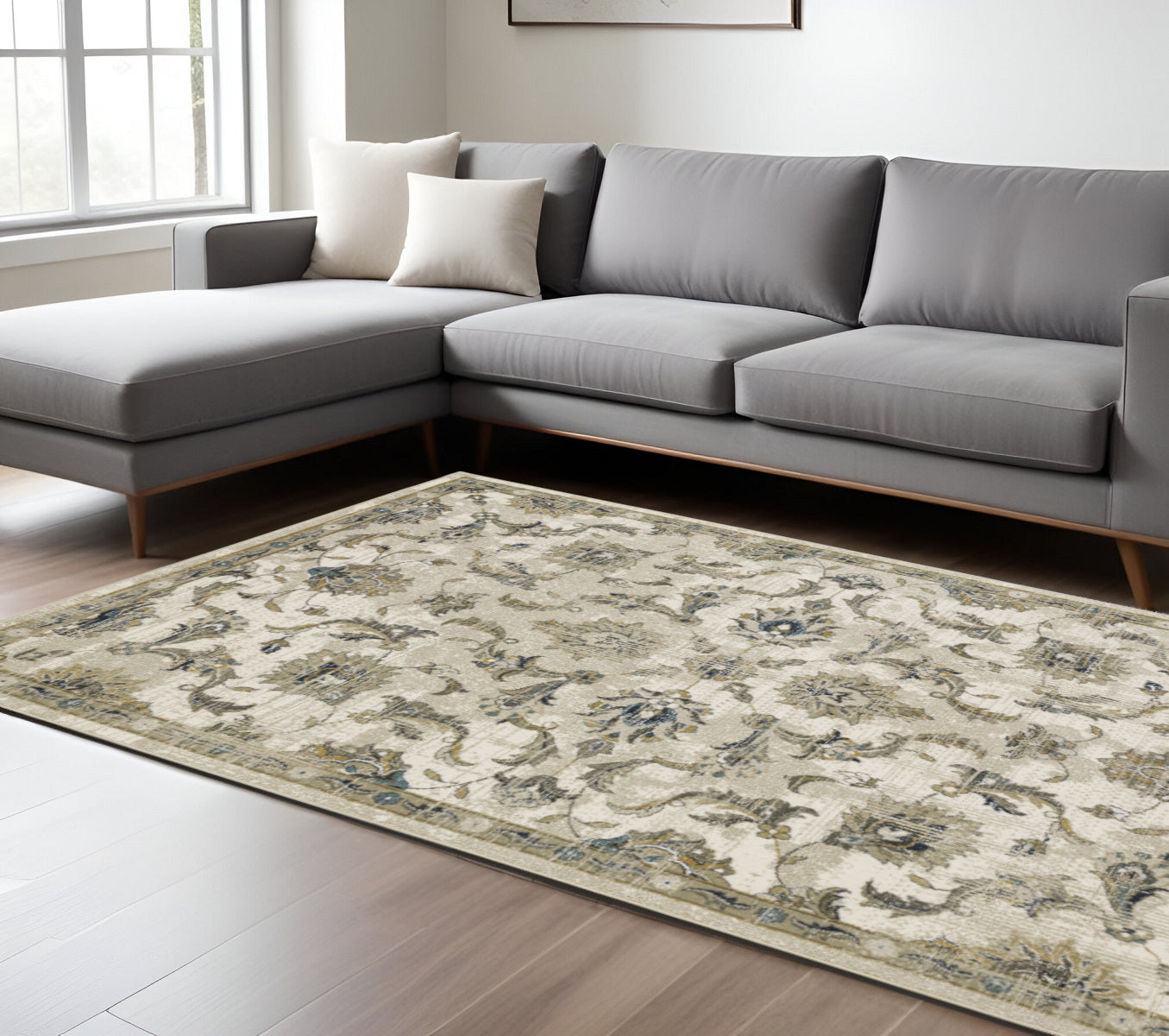 6' X 9' Beige Gold Blue And Grey Oriental Power Loom Stain Resistant