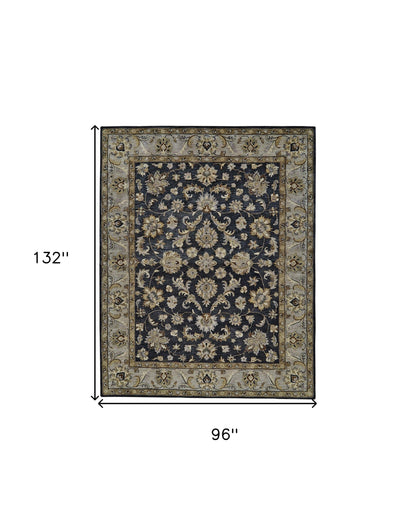 8' X 11' Blue Gray And Taupe Wool Floral Tufted Handmade Stain