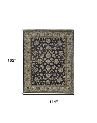 8' X 11' Blue Gray And Taupe Wool Floral Tufted Handmade Stain