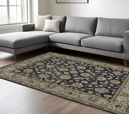 8' X 11' Blue Gray And Taupe Wool Floral Tufted Handmade Stain