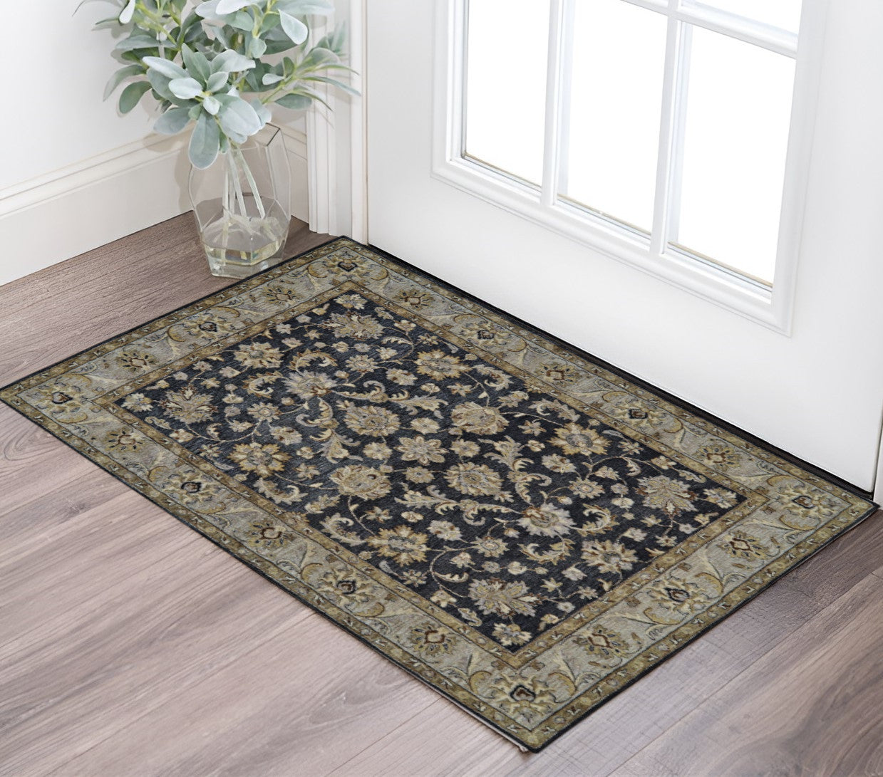 8' X 11' Blue Gray And Taupe Wool Floral Tufted Handmade Stain
