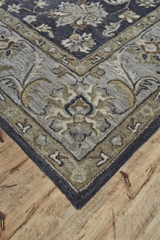 8' X 11' Blue Gray And Taupe Wool Floral Tufted Handmade Stain