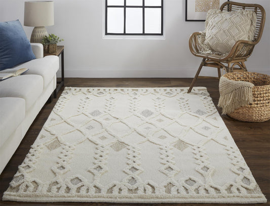 5' X 8' Ivory Tan And Silver Wool Geometric Tufted Handmade Stain