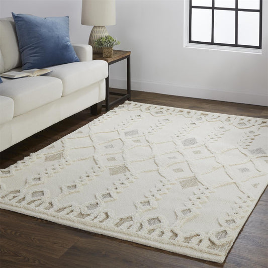 5' X 8' Ivory Tan And Silver Wool Geometric Tufted Handmade Stain