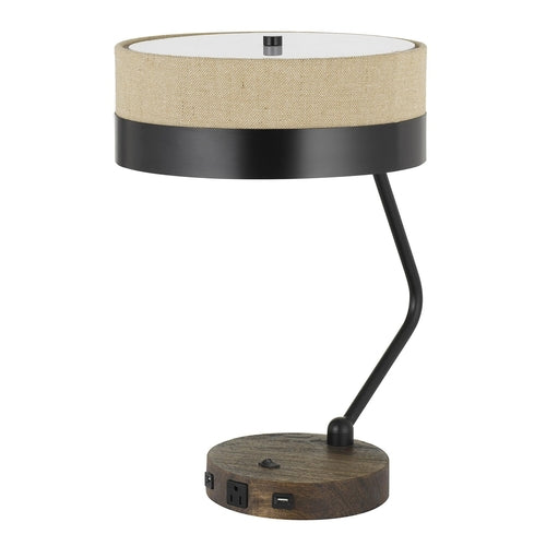 20" Black And Brown Wood And Metal Two Light USB Table Lamp With Beige