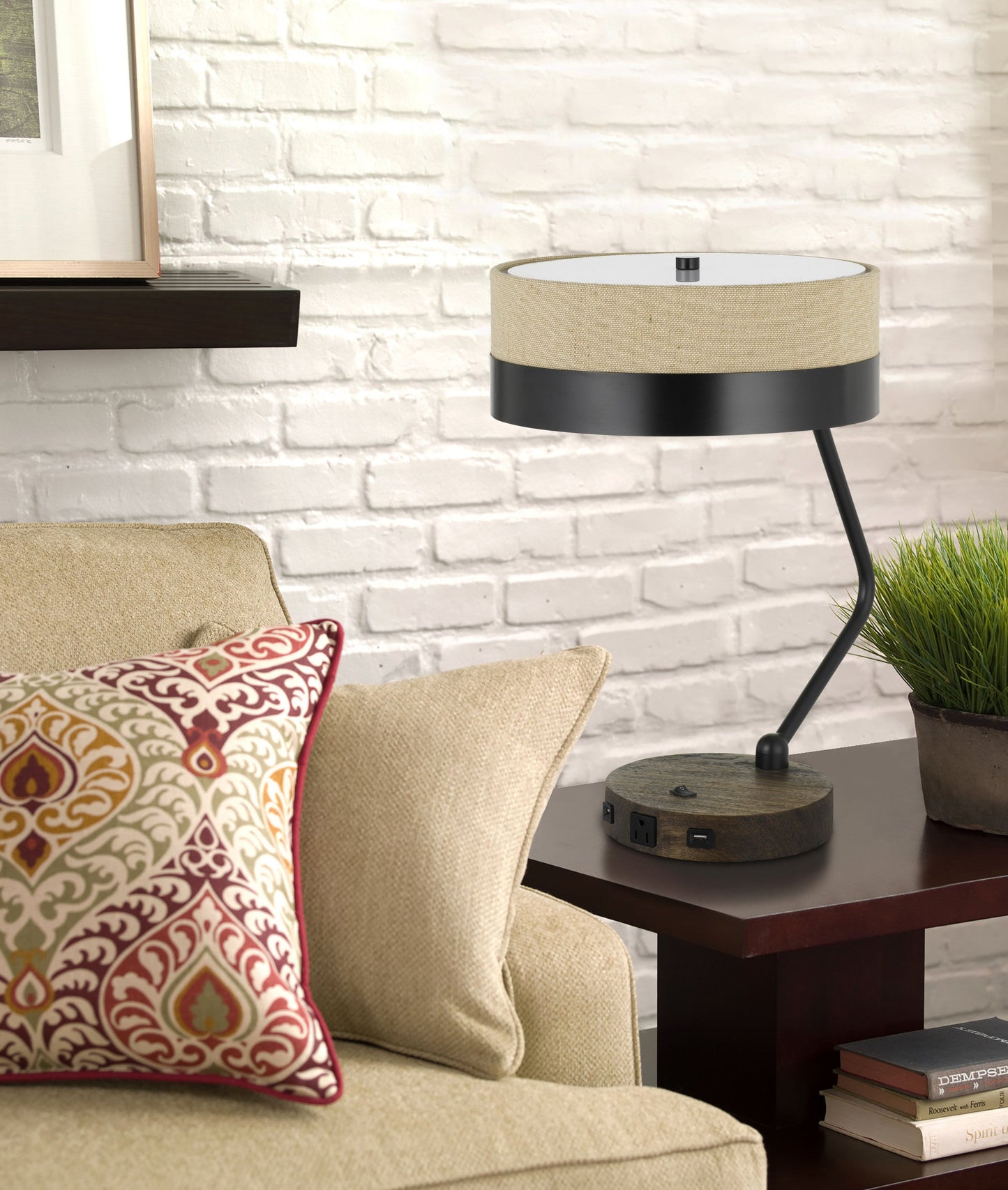 20" Black And Brown Wood And Metal Two Light USB Table Lamp With Beige