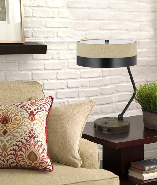 20" Black And Brown Wood And Metal Two Light USB Table Lamp With Beige