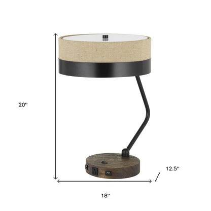 20" Black And Brown Wood And Metal Two Light USB Table Lamp With Beige