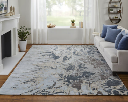 4' X 6' Ivory Taupe and Green Abstract Hand Tufted Worn Faded Area Rug