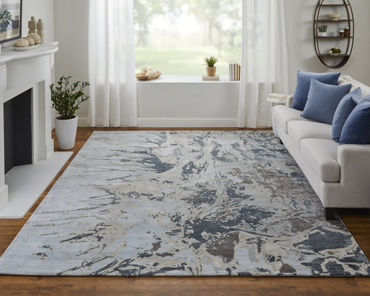 4' X 6' Ivory Taupe and Green Abstract Hand Tufted Worn Faded Area Rug