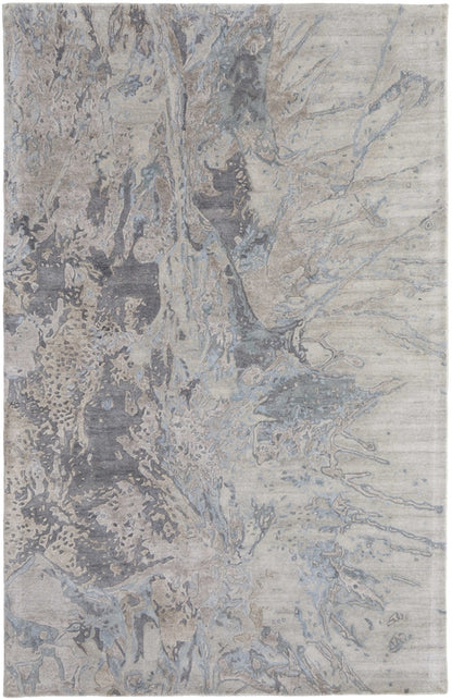 4' X 6' Ivory Taupe and Green Abstract Hand Tufted Worn Faded Area Rug