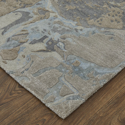 4' X 6' Ivory Taupe and Green Abstract Hand Tufted Worn Faded Area Rug