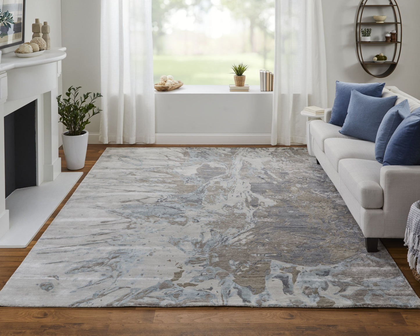4' X 6' Ivory Taupe and Green Abstract Hand Tufted Worn Faded Area Rug