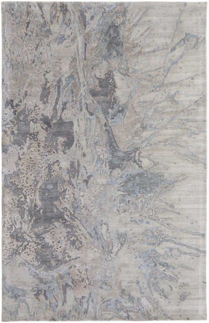 4' X 6' Ivory Taupe and Green Abstract Hand Tufted Worn Faded Area Rug