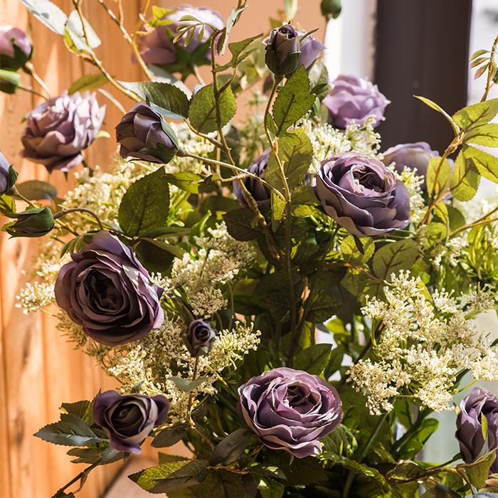 Artificial Flower Silk Rose Flower Bloom and Bud Stem in Purple 39"