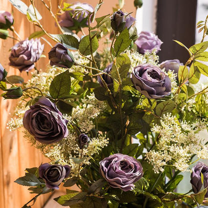 Artificial Flower Silk Rose Flower Bloom and Bud Stem in Purple 39"